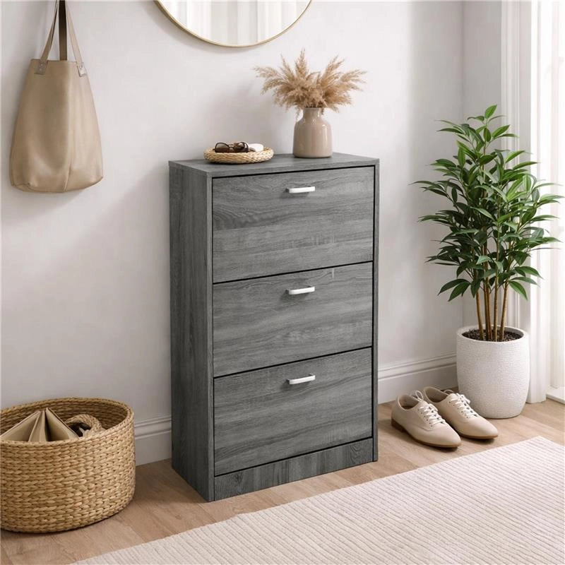 SCARPIERA 3 ANTE IN LEGNO TRUCIOLARE MELAMINICO, OGNI ANTA 2 DIVISORI IN LEGNO ROVERE GRIGIO 63 X 24 X 115 CM