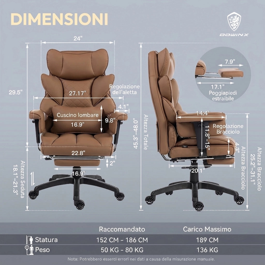 Sedia da Gaming | Schienale a doppio strato rinforzato, supporto lombare regolabile, braccioli e poggiapiedi, rivestimento in similpelle PU, marrone