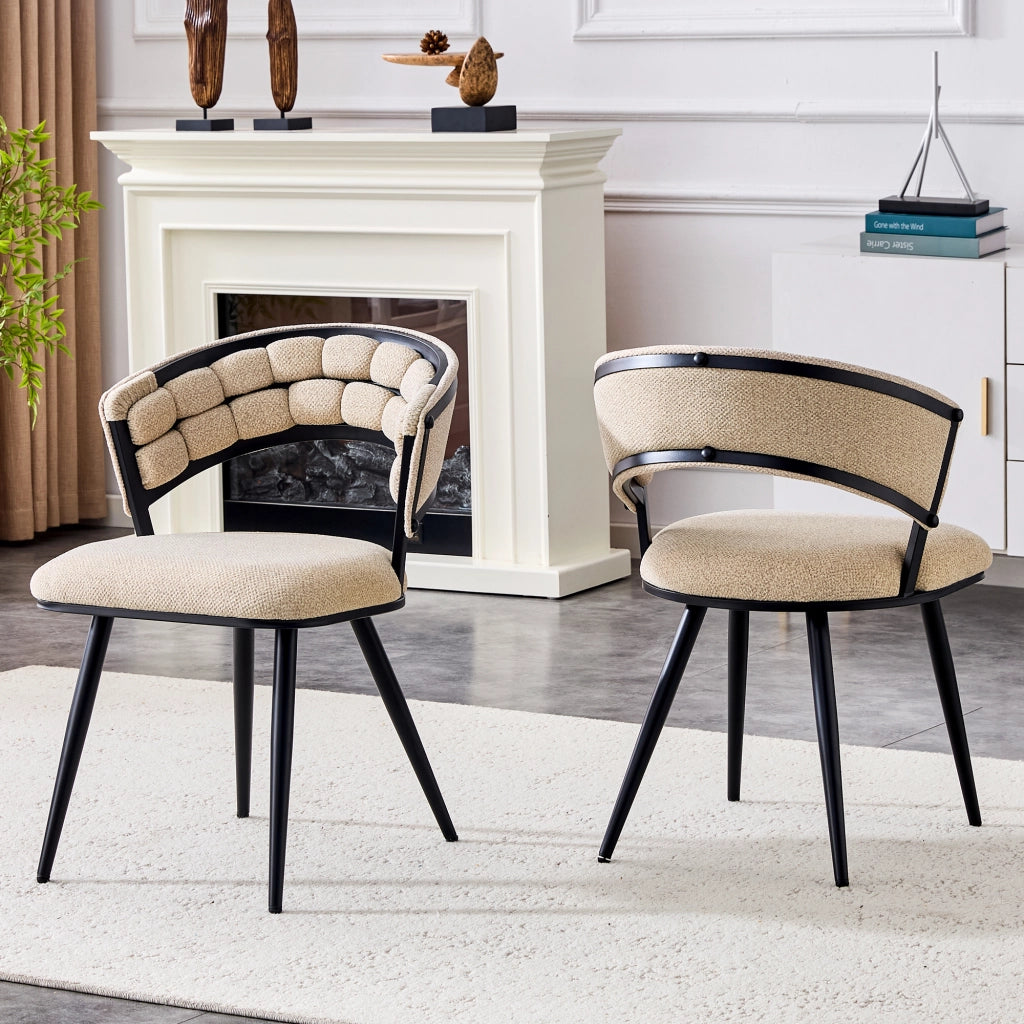Sedie da sala da pranzo set di 2 in velluto imbottite con schienale trapuntato e gambe in metallo nero beige