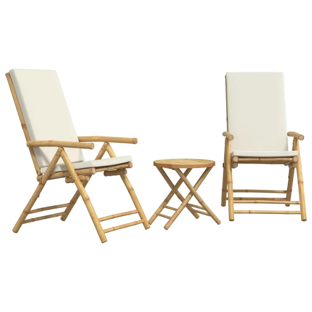 Set da Bistrot Pieghevole 3 pz | Set Salotto da Giardino Cuscini Bianco Crema in Bamb¨´