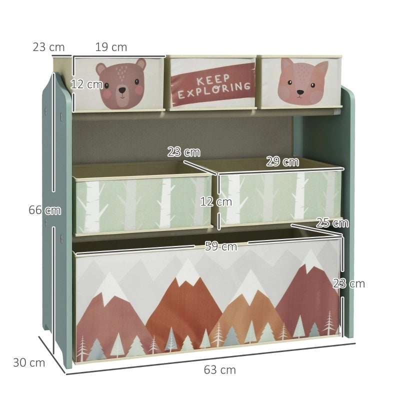 Libreria per bambini 63x30x66 cm con 3 scomparti piccoli; 2 medi e 1 grande in legno verde