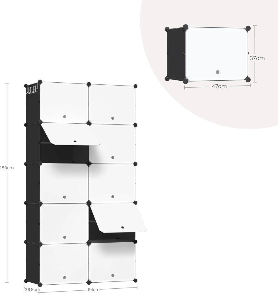 Scarpiera da Ingresso, Porta Scarpe con 10 Scomparti, Scarpiera Modulare per 40 Paia di Scarpe, Contenitore per Scarpe con Porte, in Plastica e Metallo, Bianco + Nero, 35x35x45cm/Scomparto