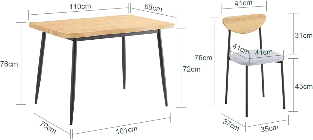 Set Tavolo da Pranzo 5 Pezzi con 4 Sedie Comode, Tavolo da Cucina Compatto per Piccoli Spazi, Tavolo con Sedie Ideale per Sala da Cucina, Pranzo, Soggiorno, Balcone e Arredo Esterno OGT52-N