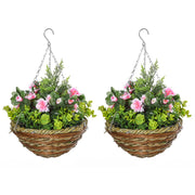 EasyComfort Set 2 Piante Finte di Lisianthus con Vaso e Gancio, Piante Artificiali in PE e Vimini, Ø25x34 cm, Verde e Rosa