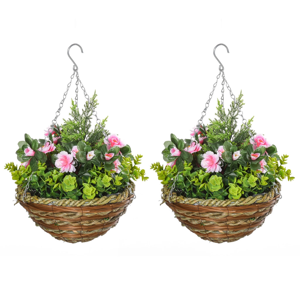 EasyComfort Set 2 Piante Finte di Lisianthus con Vaso e Gancio, Piante Artificiali in PE e Vimini, Ø25x34 cm, Verde e Rosa