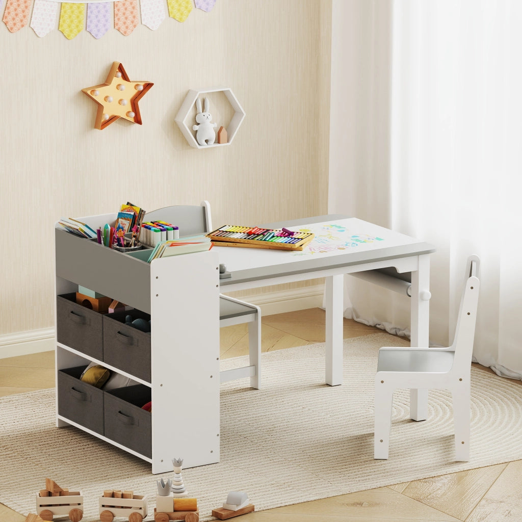 Tavolo da pranzo per bambini con 2 sedie ¨C zephmum ¨C grigio e bianco in legno e tessuto