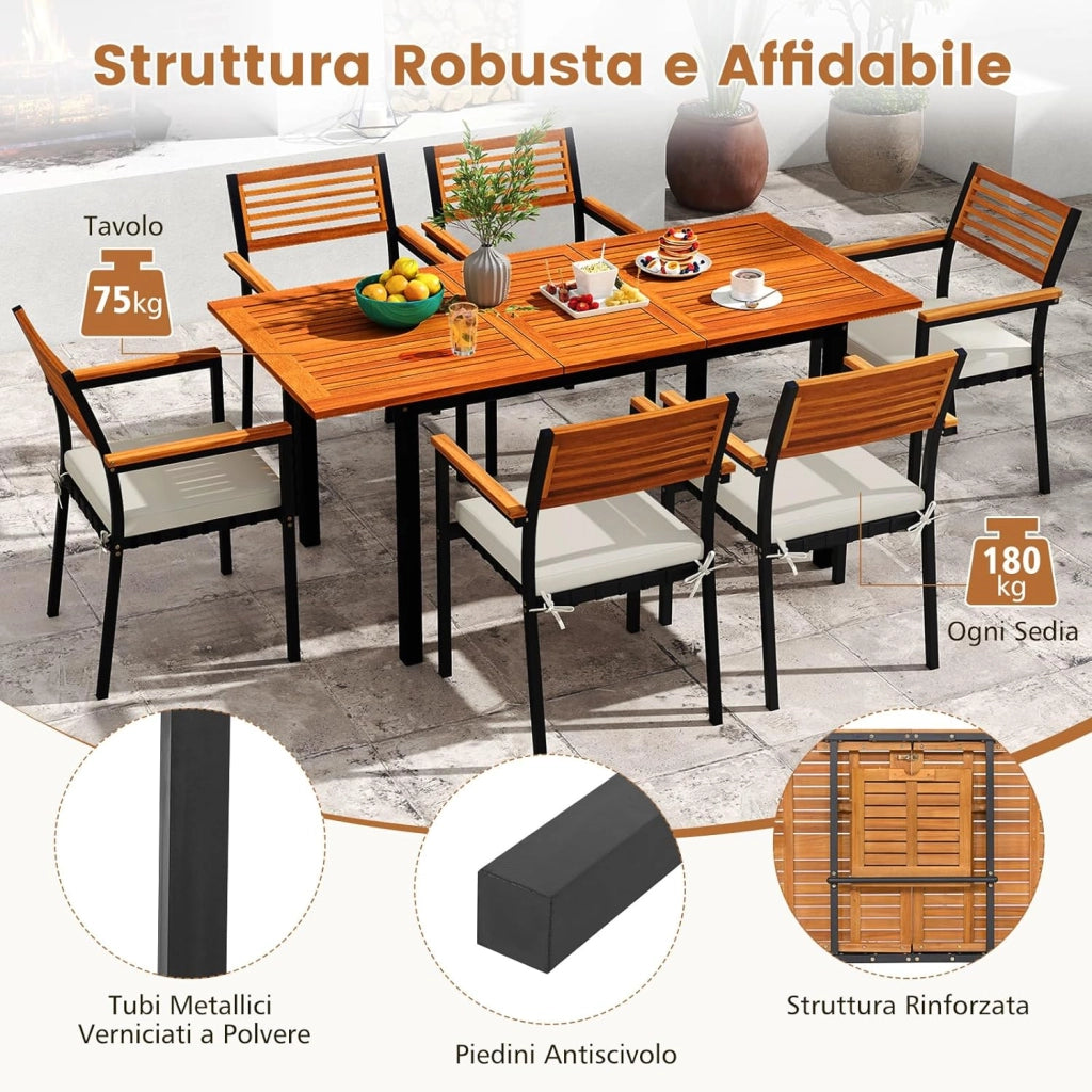Tavolo Allungabile e 6 Sedie da Esterno, Pranzo da Giardino in Legno Massello, Tavolo con Foro per Ombrellone e Poltrone con Cuscini, Schienale e Braccioli, per Balcone e Cortile