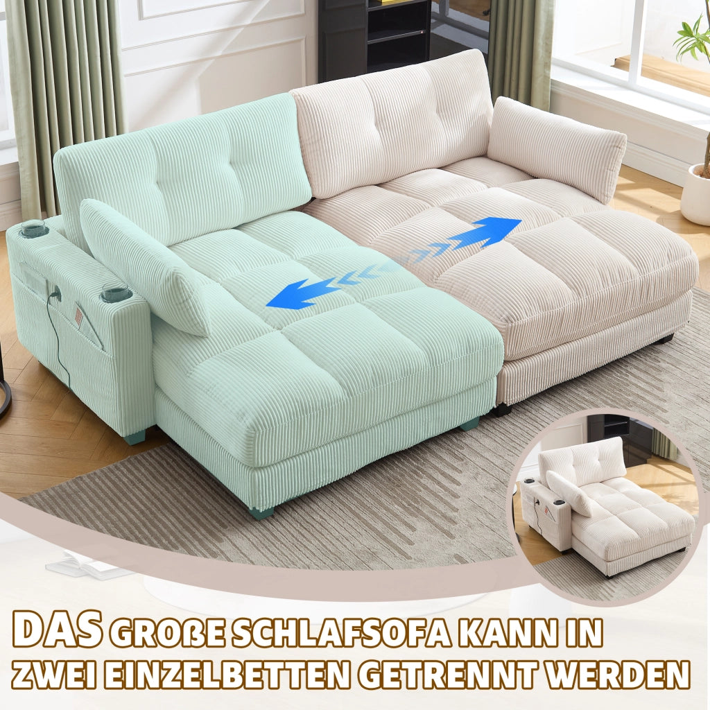 Divano modulare 2 posti in velluto a coste beige con USB