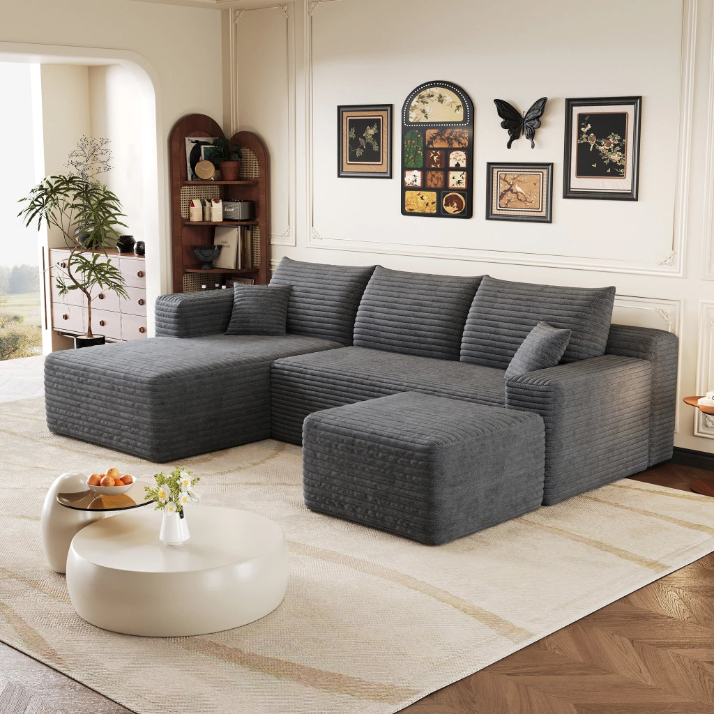 Divano angolare in tessuto con schiuma elastica e montaggio rapido in velluto a coste grigio scuro 241 × 151 × 58 cm