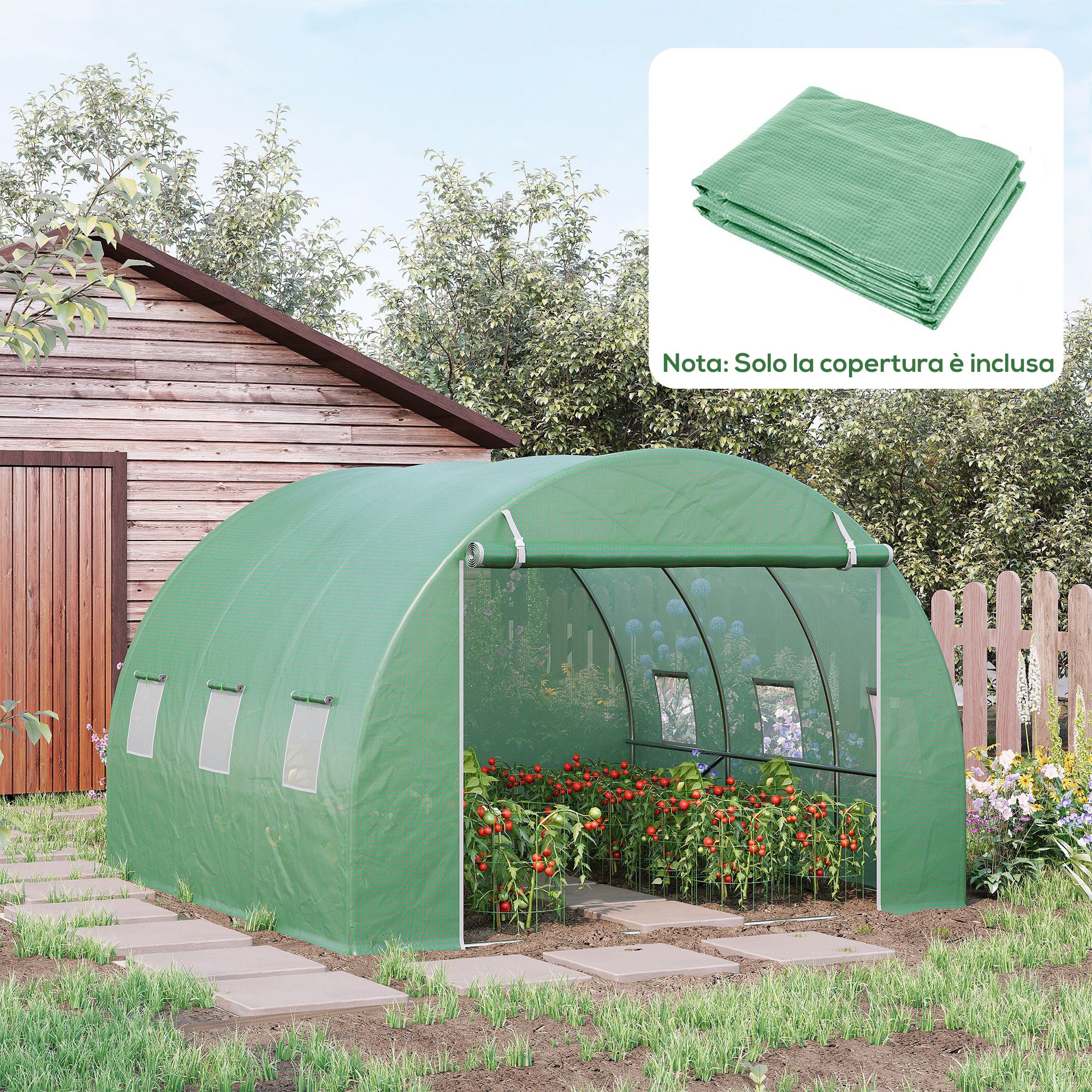 Telo per Serra 3x3x2 m con 6 Finestre Porta Avvolgibile e Bordi Interrati in PE Verde