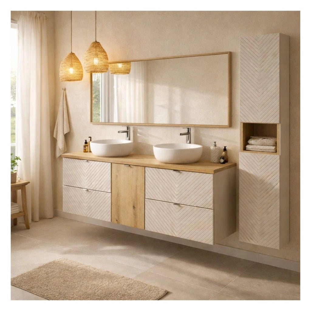Insieme AOKI: mobile sottolavabo con cassetti + cesto per la biancheria + piano lavabo in quercia + colonna