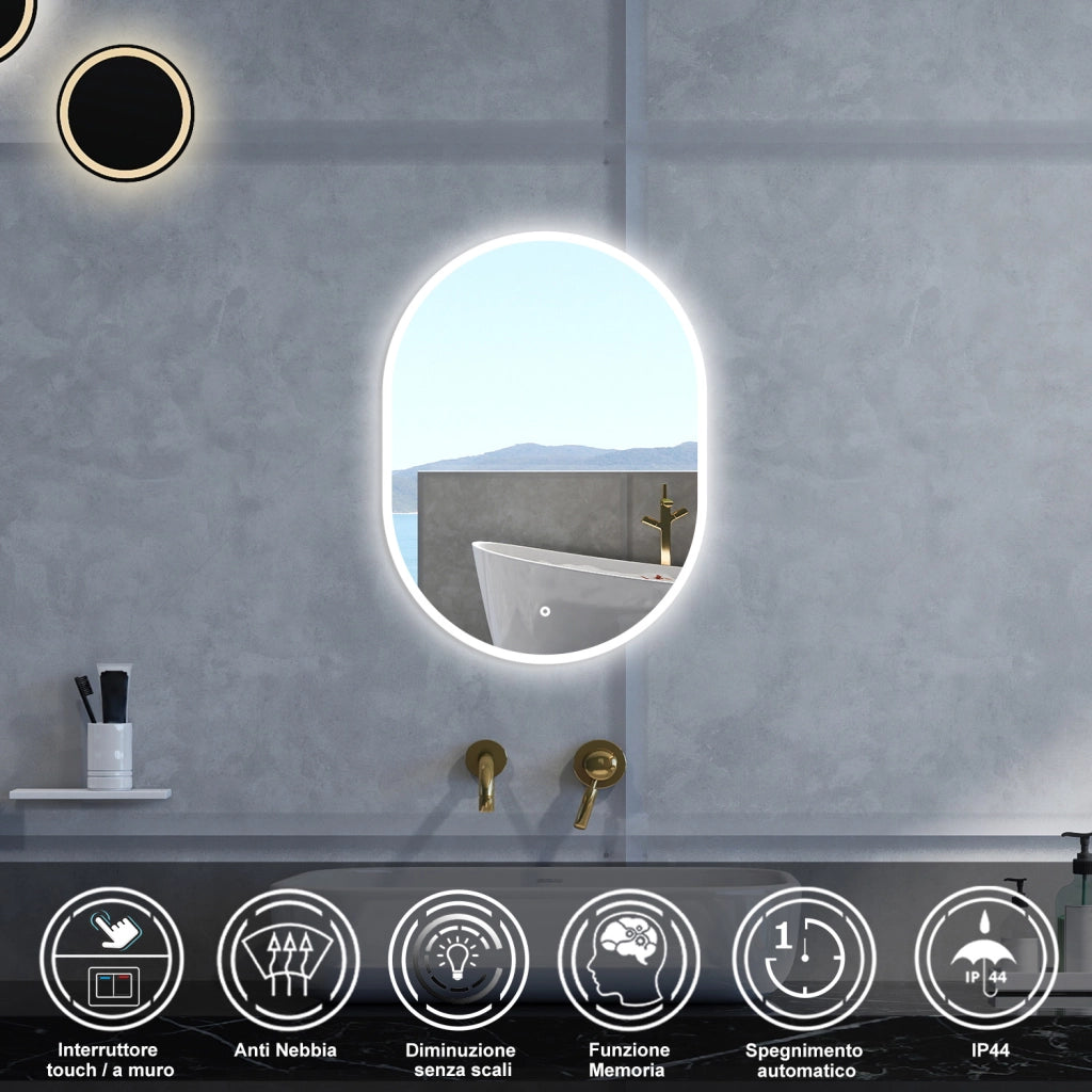 Specchio da bagno Ovale con 60x80cm,Memoria, Antifog,Regorabile,Retroilluminato,doppio interruttore,