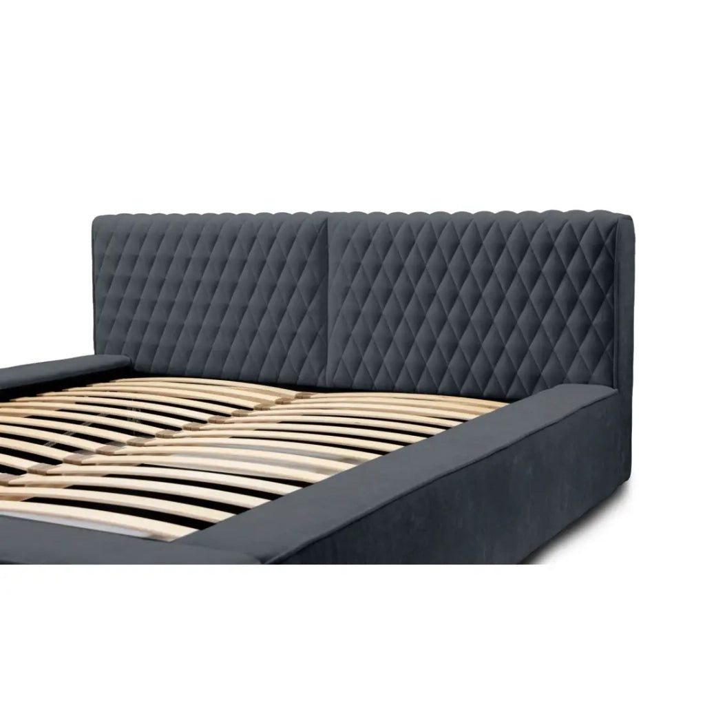 Lettino VERNON – Tessuto in ciniglia bouclé Blu carbone – 160x200 cm – Rete sollevabile – Design di alta gamma
