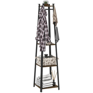 Appendiabiti da Terra 34x34x170 cm con 8 Ganci e 4 Ripiani in MDF Marrone