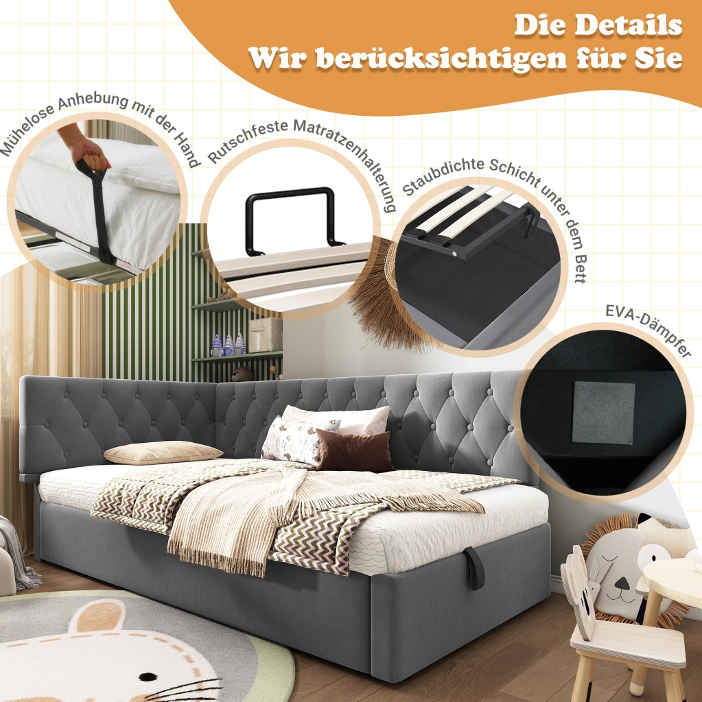 Letto singolo imbottito 90x190 cm in velluto grigio con contenitore