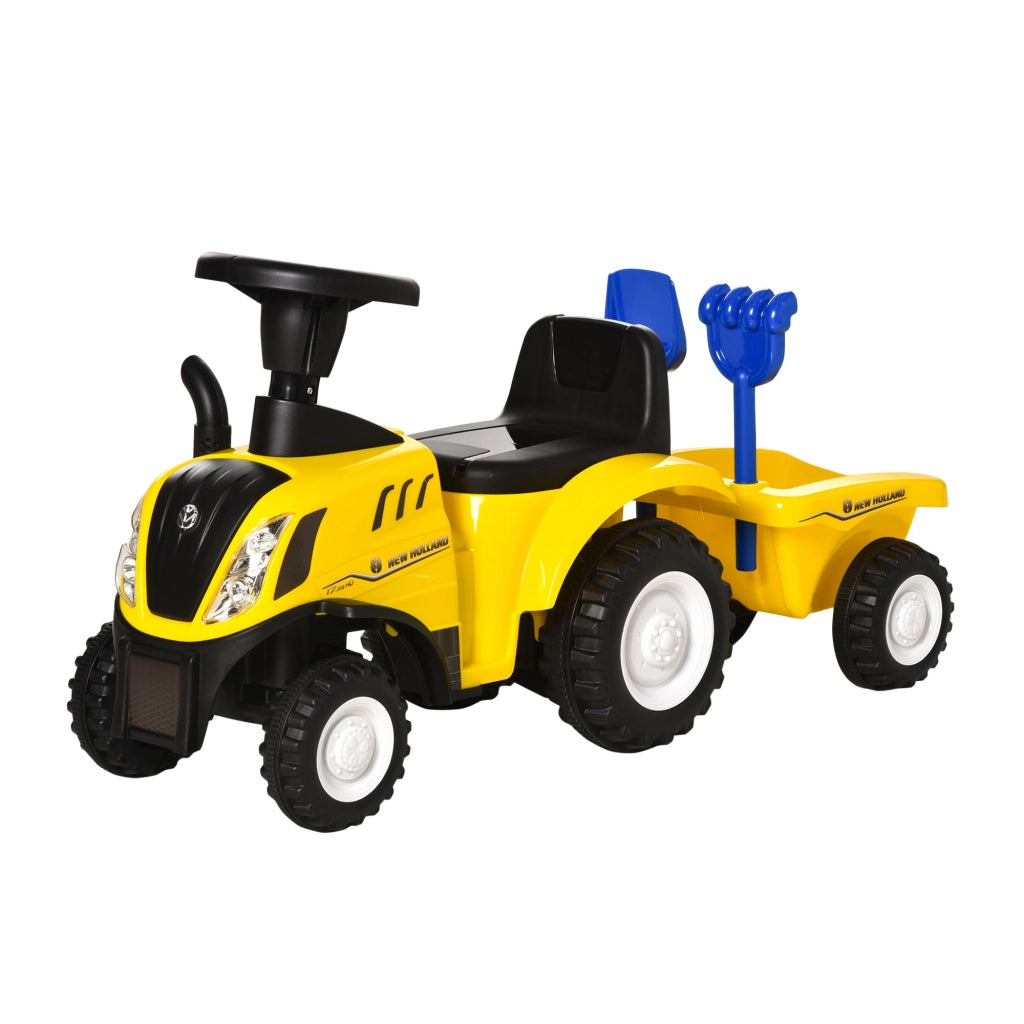 Trattore Giocattolo per Bambini Cavalcabile con Rimorchio, Rastrello e Pala, Gioco Educativo per Bimbi 12-36 Mesi, 91x29x44cm, Giallo