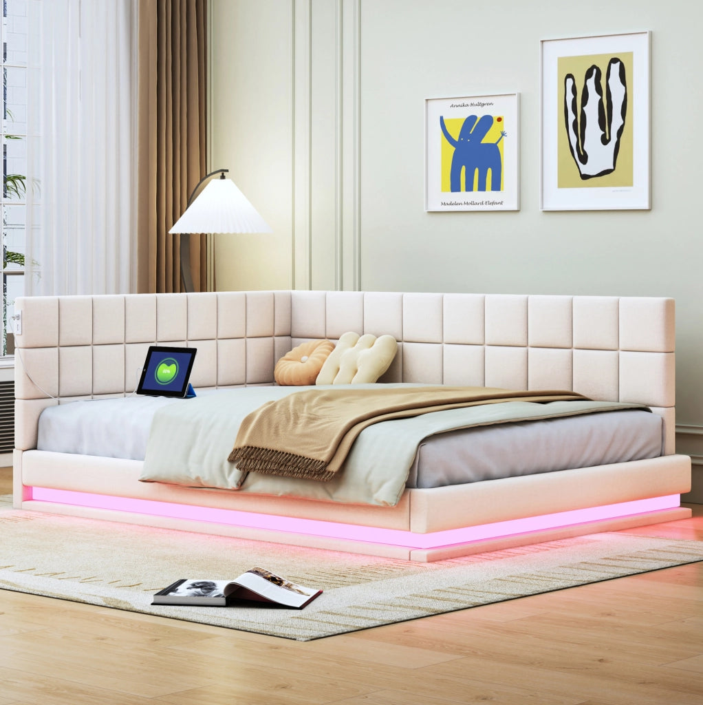 Divano letto 140x200 cm con LED e porta USB; tessuto di lino beige