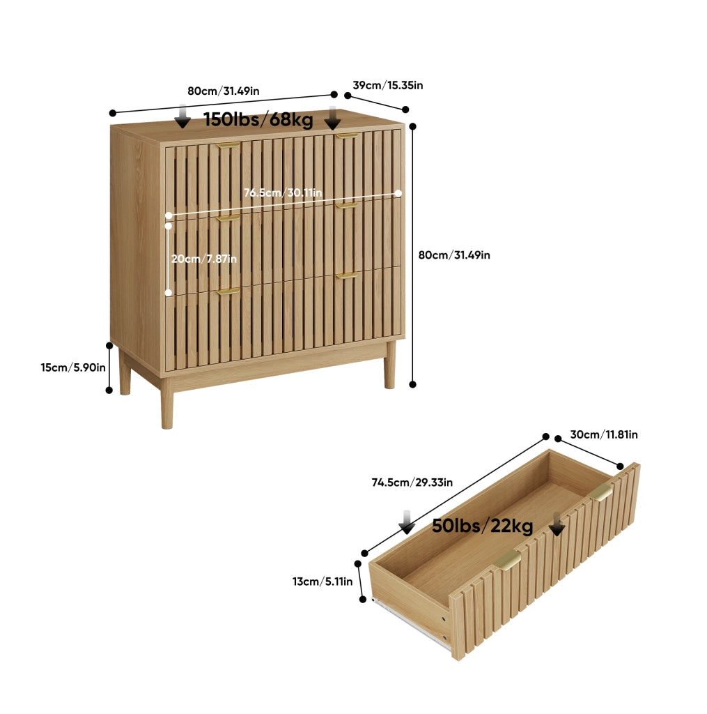 Cassettiera moderna a 3 cassetti in MDF e truciolare; 80 x 39 x 80 cm; colore rovere
