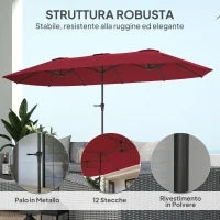 Ombrellone Doppio con Prese d'Aria e Manovella, in Metallo e Poliestere, 4x2.2x2.34 m, Nero e Rosso