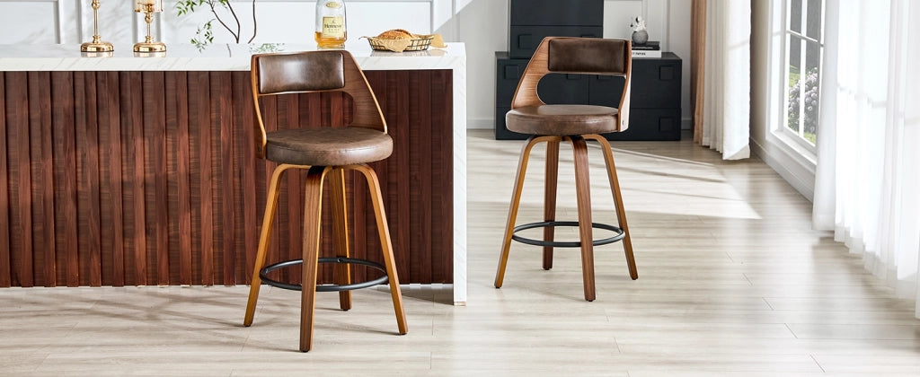 Sgabello da bar 2 pezzi con schienale in legno e rivestimento in PU, stile retrò per cucina e isola marrone