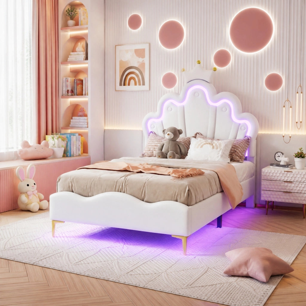 LETTO singolo 90x200 cm bianco in PU con LED e testiera a corona