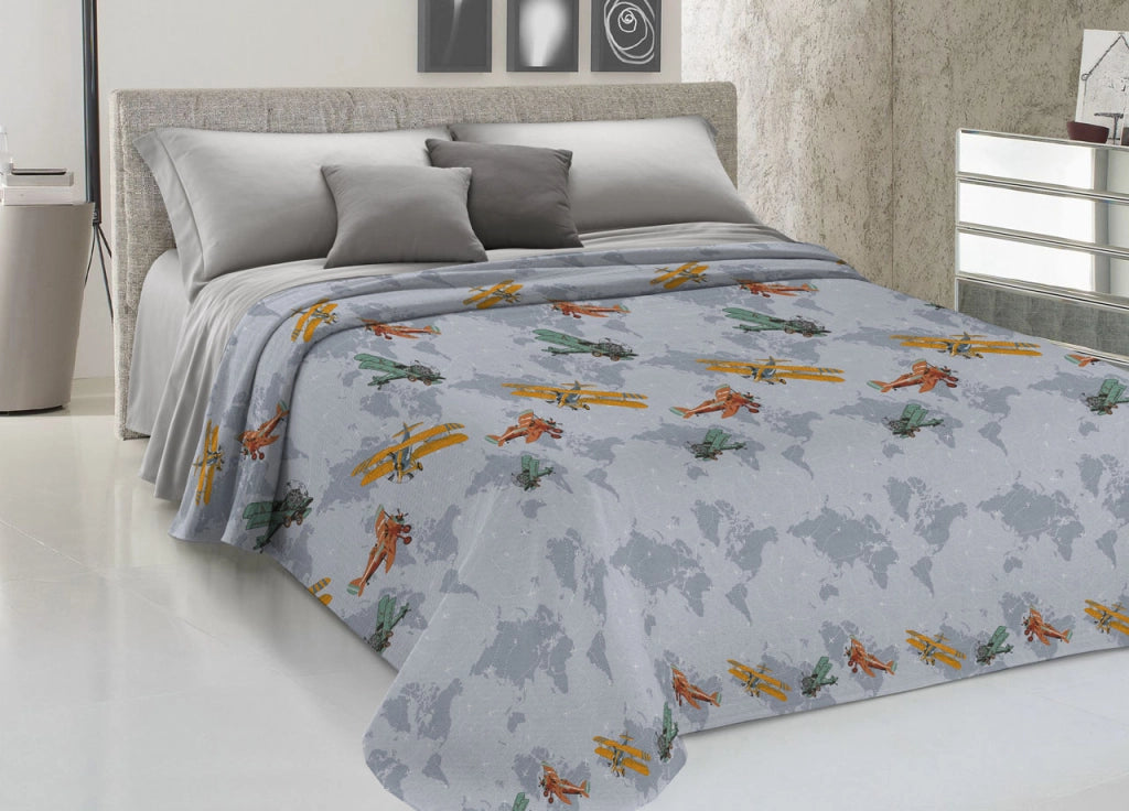 Copriletto Piquet Primavera Estate 100% Cotone Disegno Aerei - Singolo - Grigio