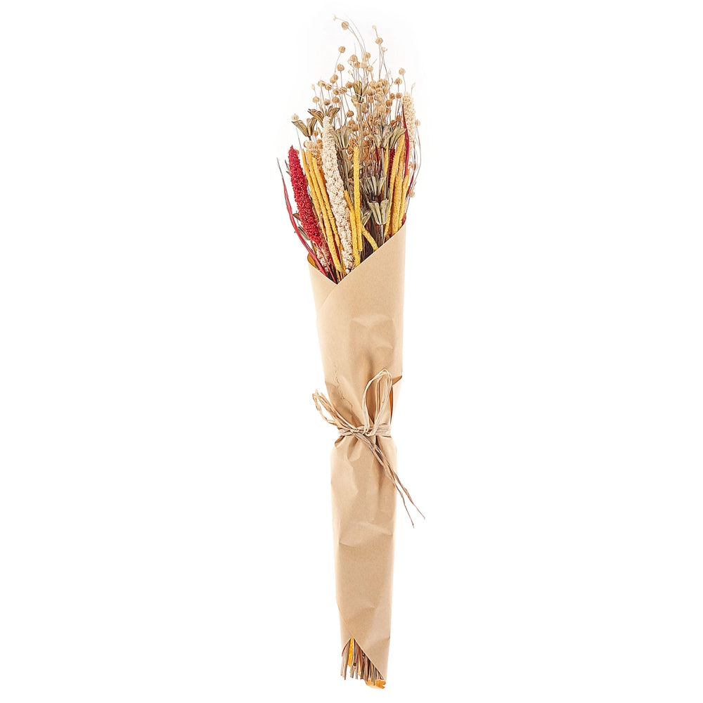 Mazzo di fiori secchi di colore rosso e giallo 65 cm e avvolti in carta decorativa