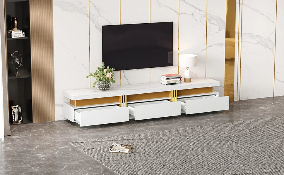Mobile TV basso moderno effetto marmo, 200 x 40 x 42 cm, per TV fino a 90", 3 cassetti e gestione cavi