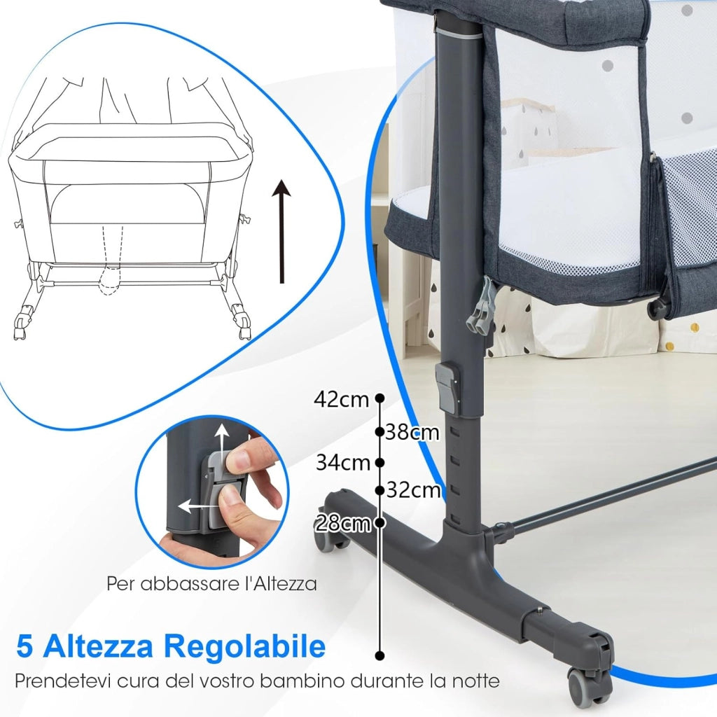 3 in 1 Culla Neonato Fianco Letto, Lettino Neonato Dondolo con Materasso, Culla Co-Sleeping Fino a 9 kg, Altezza Regolabili, Inclinazione di 10°, 84 x 59,5 x 80,5cm (Grigio Scuro)