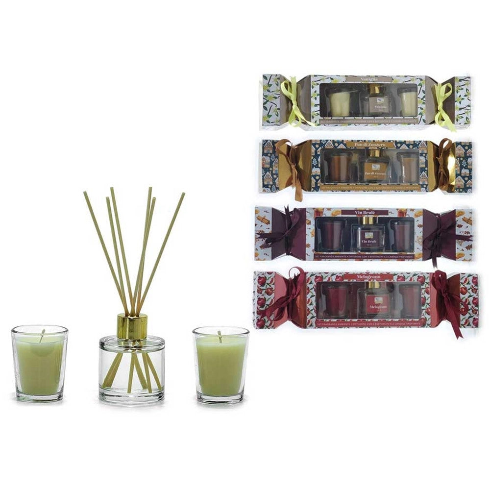 Trade Shop - Set Fragranza Ambiente Diffusore Con 6 Bastoncini 2 Candele Profumate Casa Centrotavola -