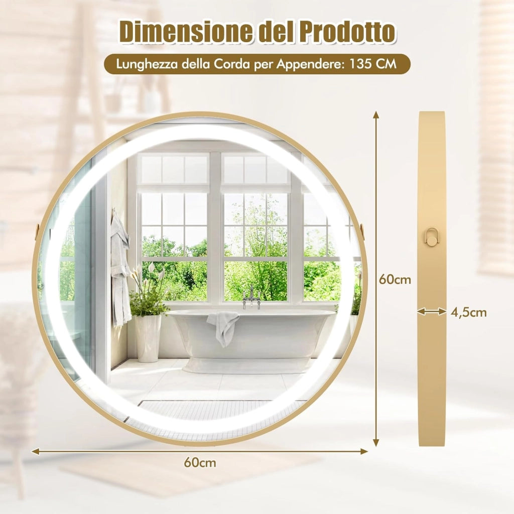 Specchio da Parete 60 x 60cm, Specchio da Bagno Rotondo Moderno con Interruttore Touch, Funzione Antiappannamento, Luce Led Regolabile e Gancio per Soggirno Camera da Letto e Ingresso, IP44