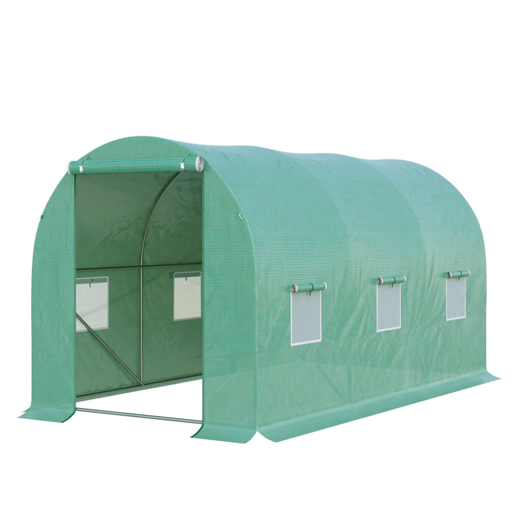 Serra a tunnel con finestre a rete, 395x195x190 cm, struttura in acciaio e telo trasparente verde