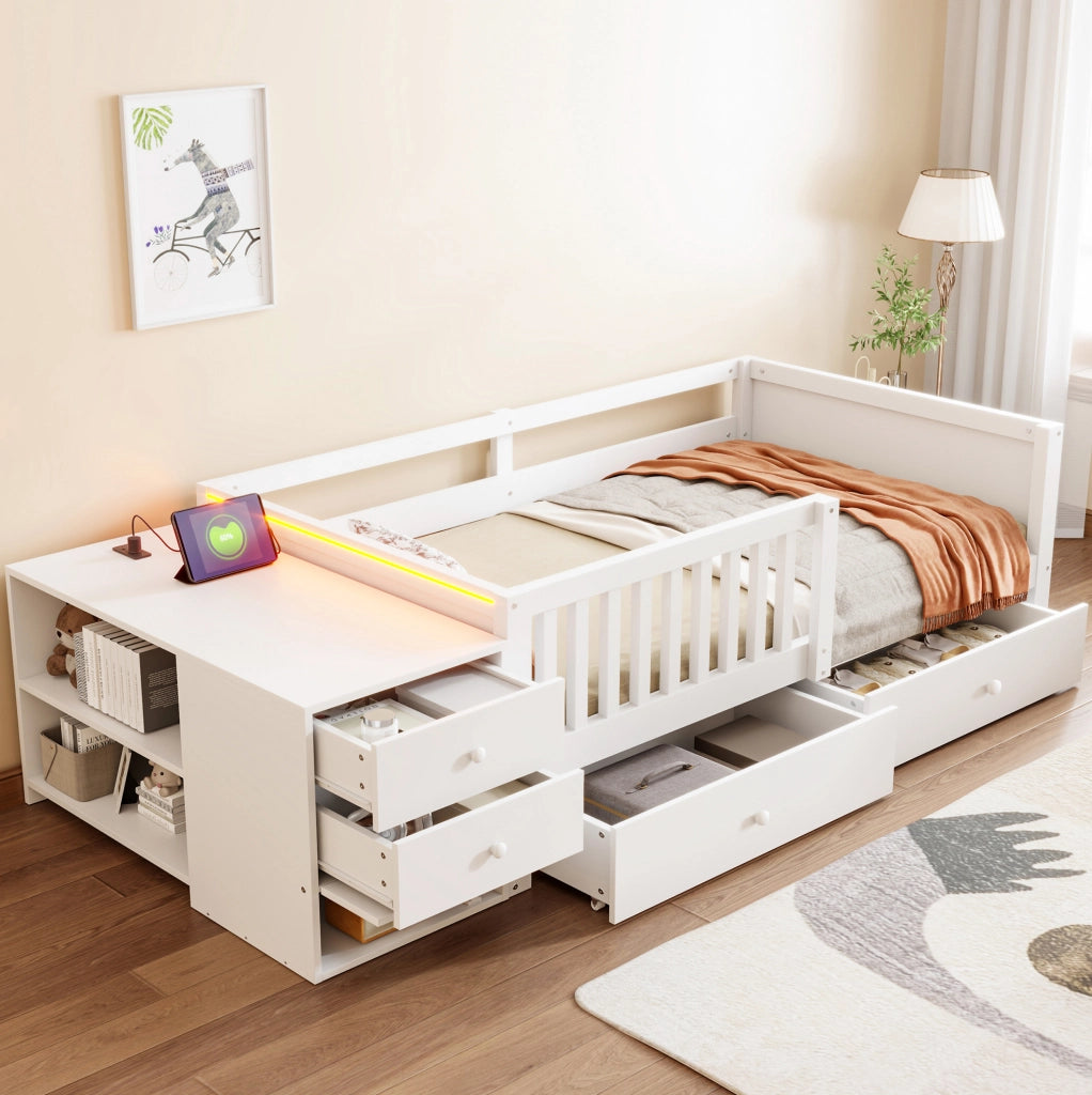 Letto a soppalco per bambini 90x200 cm con contenitore separato; LED e presa; bianco