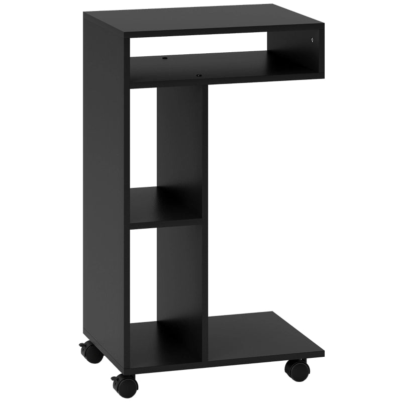 Tavolino laterale a C con 4 ruote, 3 scomparti, 40 x 30 x 69 cm, Nero