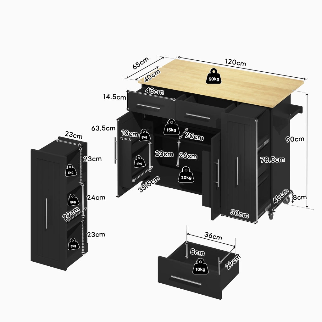 Isola da cucina mobile con piano pieghevole, organizer estraibile a 3 livelli, 2 cassetti e ruote