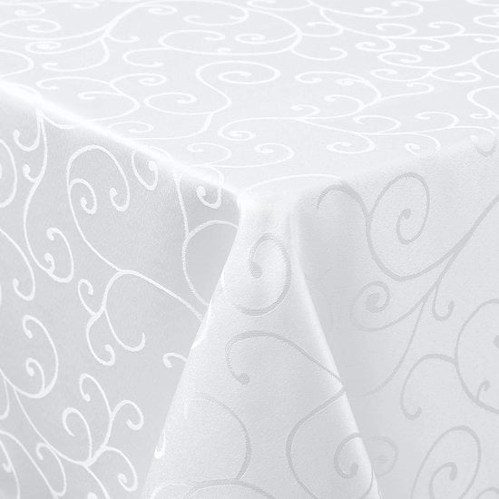 Tavolo 140 x 240 cm – Design Damasco Bianco – Lavabile e Resistente ai Graffi – Tavolo Quadrato in Poliestere per Cucina e Festa