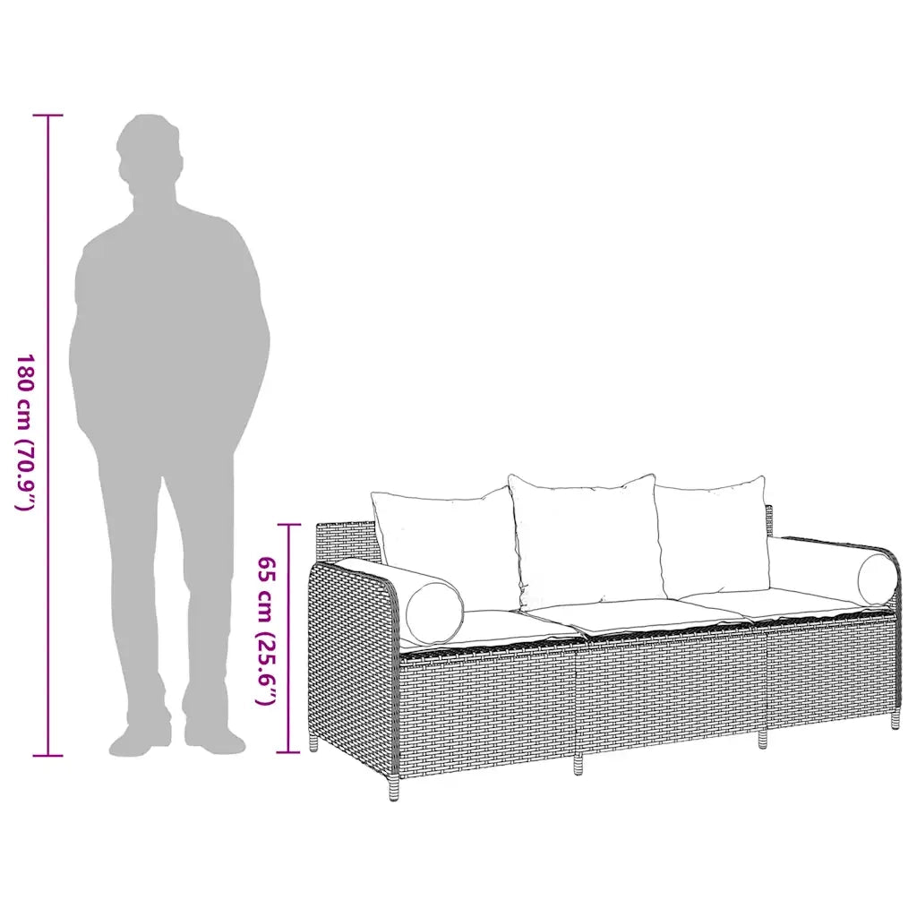 Divano da Giardino con Cuscini 3 Posti Grigio in Polyrattan