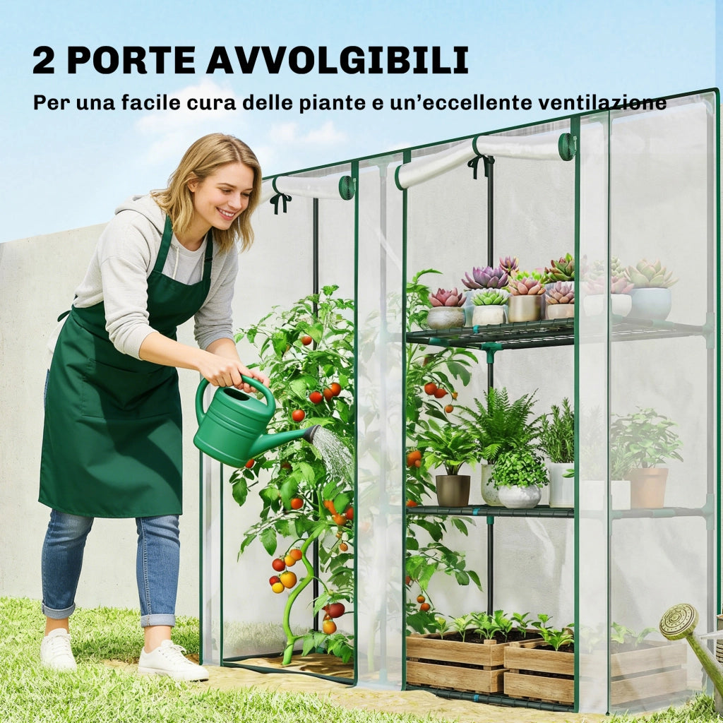 Serra Verticale a 2 Sezioni con 3 Ripiani 143x45x151 cm in Plastica e Acciaio Verde Scuro e Trasparente