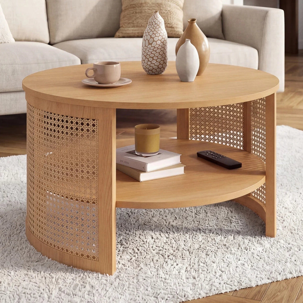 IDMarket - Tavolino rotondo EDHEN 70 cm con canna naturale ed effetto legno