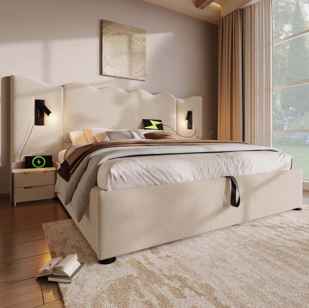 Letto contenitore 160x200 cm beige con luce e ricarica USB-C