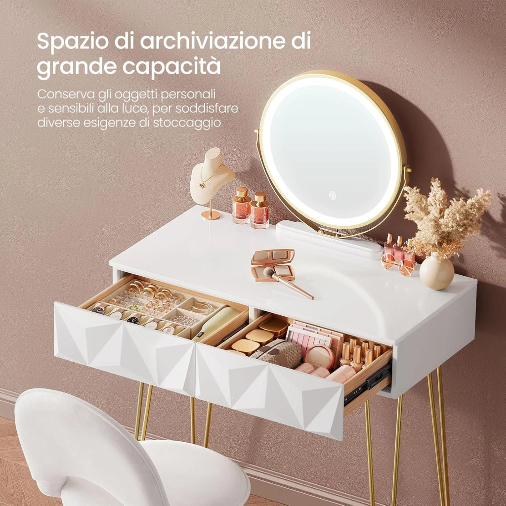 EUGAD Toeletta da Trucco con Luci LED, Luminosità Regolabile, Postazione da Trucco con Sedia in Velluto, con 2 Cassetti, Assemblaggio facile, Bianco e Dorato
