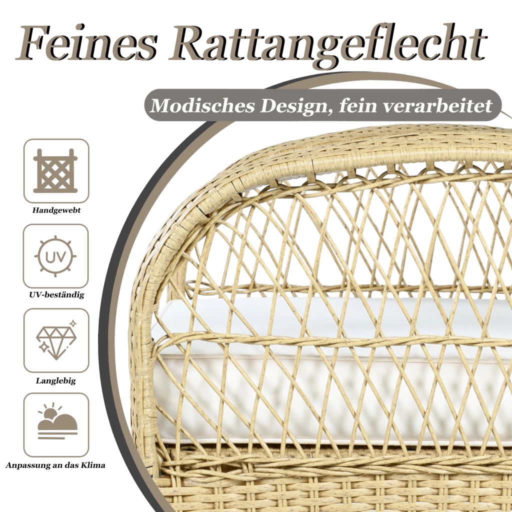 2 Sedie a Dondolo da Giardino con Tavolo; Schienale Alto e Piano in Vetro; Rattan e Metallo; Beige