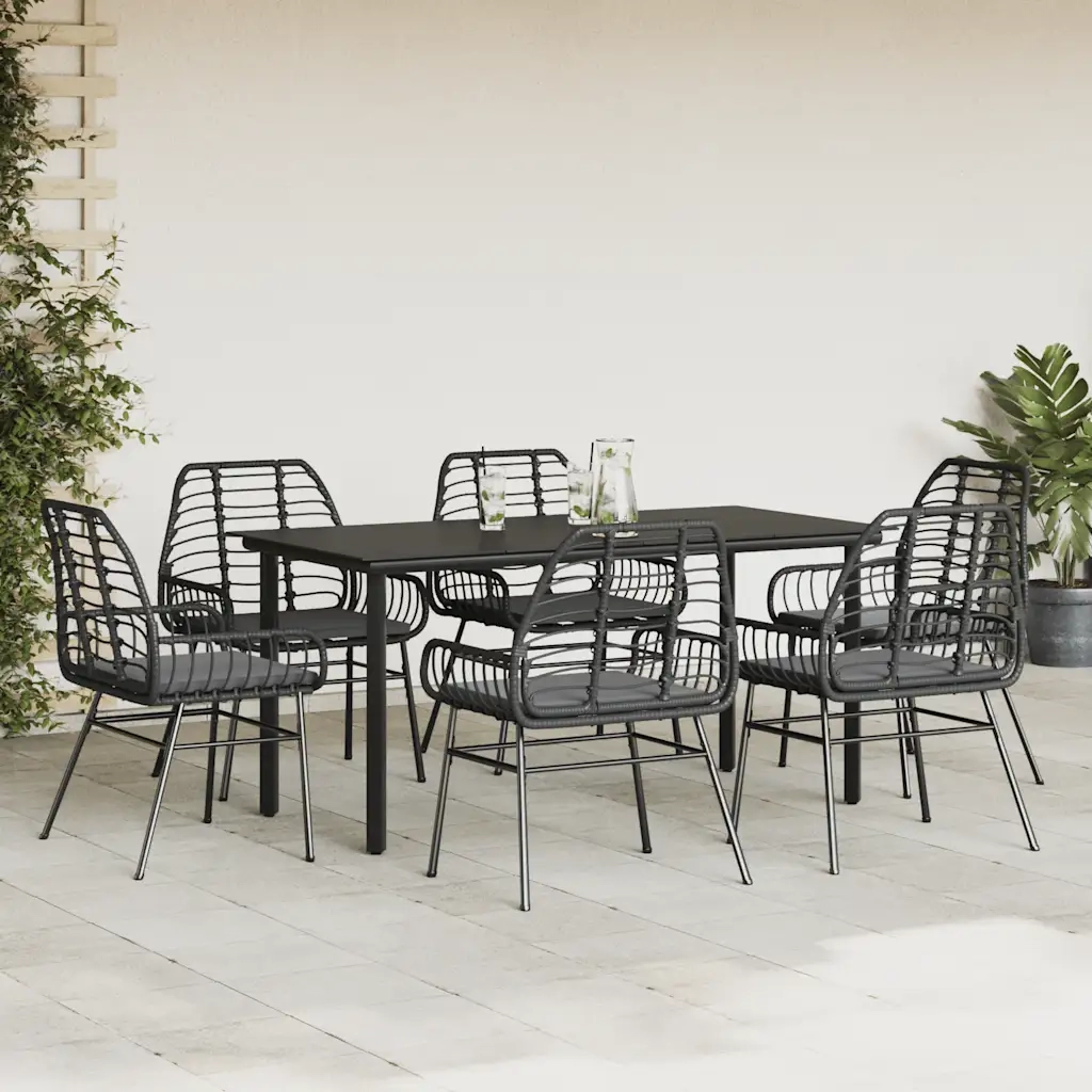 Set Pranzo da Giardino 7 pz Nero con Cuscini Polyrattan Vetro 3334552