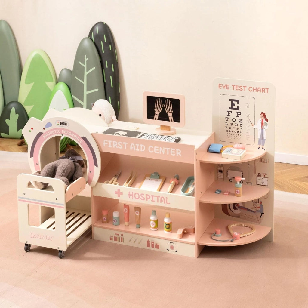 Set Gioco Dottore per Bambini, Medico Giocattolo in Legno con Tabella Oculistica, Macchinario CT e Radiografie, Gioco di Ruolo Medico Educativo con Accessori per Bambini 3+ Anni (Rosa)