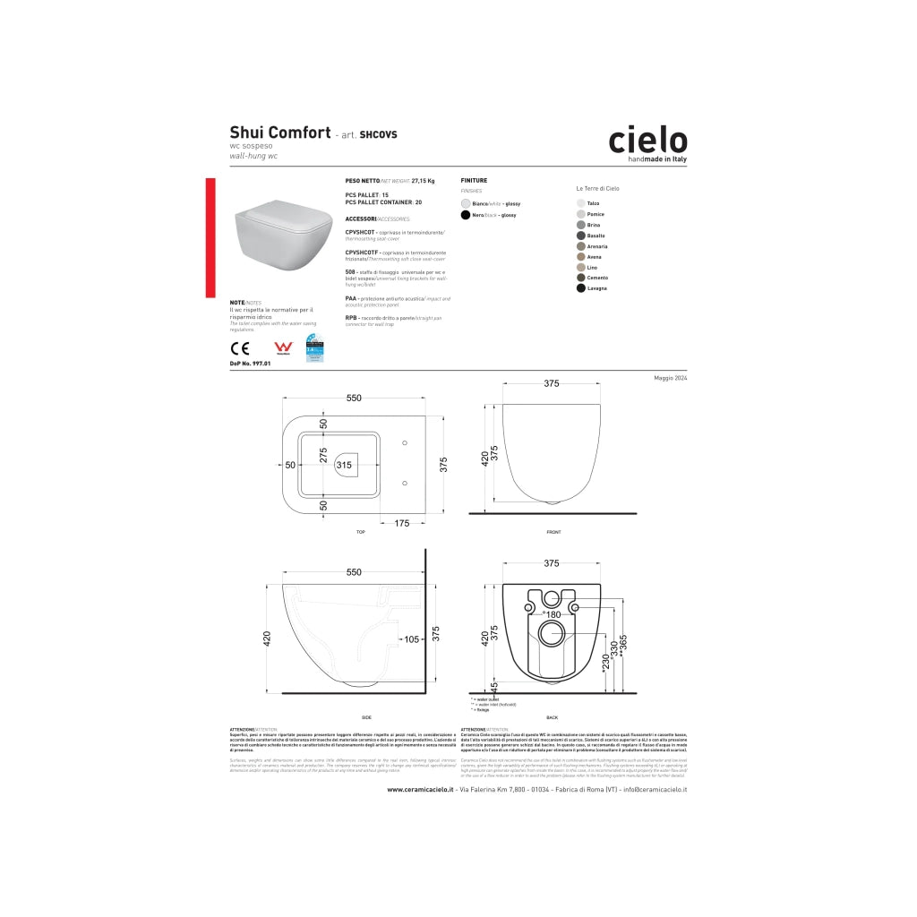 Coppia Di Sanitari Ceramica Cielo Sospesi Bianco Lucido "Shui Comfort"