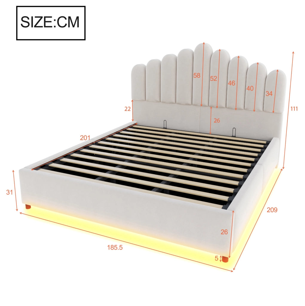 Letto imbottito con contenitore idraulico e LED; 180 x 200 cm; velluto beige