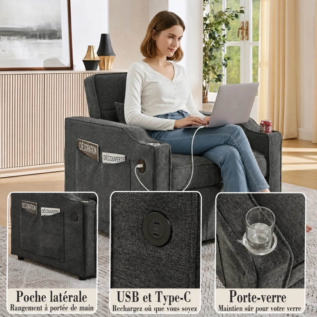 Fauteuil convertible 3 in 1 con funzione letto schienale regolabile a 3 posizioni USB e USB-C in tessuto grigio scuro