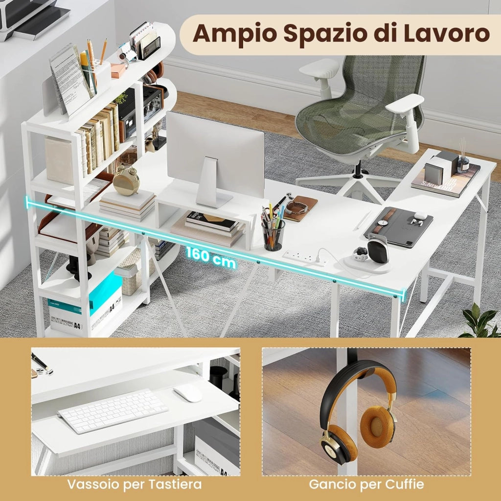Scrivania Angolare a Forma di L, Scrivania ad Angolo Salvaspazio con Stazione di Ricarica, Scaffale, Supporto per Monitor, Gancio per Cuffie e Vassoio per Tastiera 160x108x10cm (Bianco)