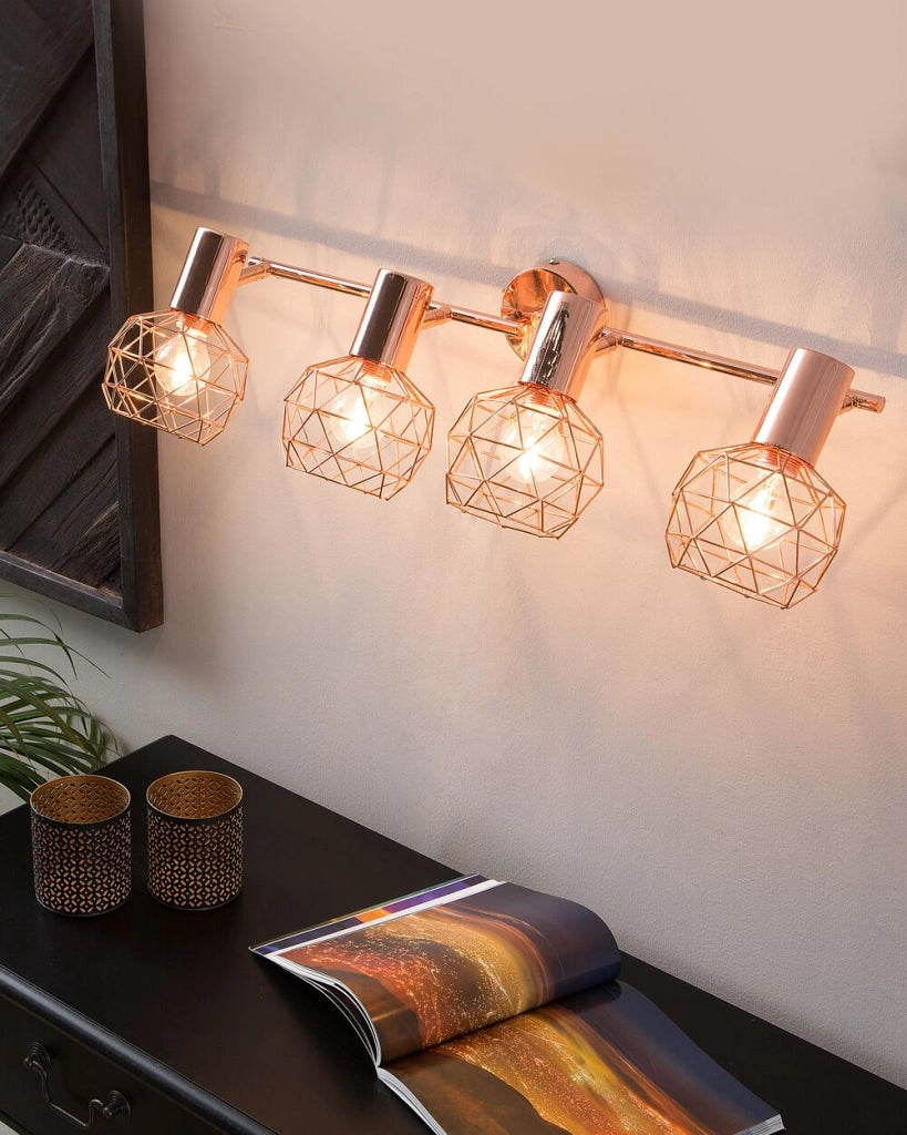lampadario Rame Metallo 4 Luci Gabbia Paralumi Bracci Orientabili Moderna