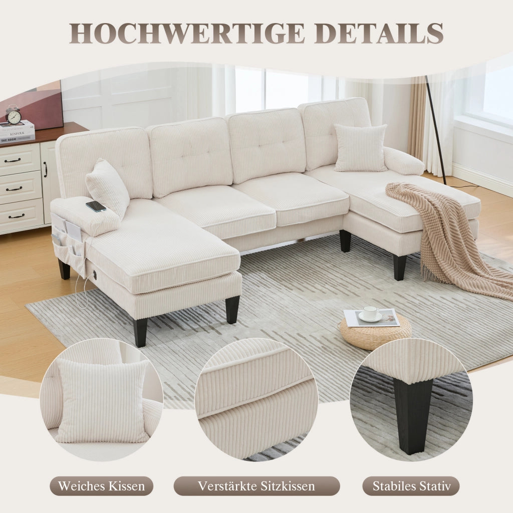 Divano panoramico a U 4 posti con tasche laterali e porte USB, in Velluto a coste, Beige